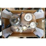 A collection of silver plated items to include tea pots, sugar bowl, milk jug,