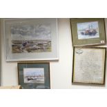 A collection of local artists framed water colours by Doris Brown, titled Boats at Low Tide,