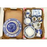A mixed collection of blue and white ironstone items to include plates, jugs, teapot,