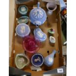 A collection of Wedgwood jasperware in various colours including teapot, trinkets,
