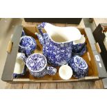 A collection of birdison lee blue and white calico ware burleigh including teapots, large jugs,