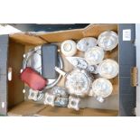 A mixed collection of metalware items to include silver teapot, candelabra, boxed knives set,
