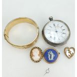 Silver centre seconds gents Chronograph watch, not working, 3 misc. brooches & gold plated bangle.