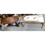 A reproduction oval mahogany coffee table on double turned pedestal support and another oak French