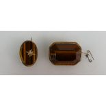 15ct gold brooch set with oval tigers eye stone and similar 9ct gold brooch with oblong brooch (2)