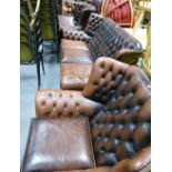 Brown leather three piece Chesterfield wing back suite comprising of three seater sofa and two arm