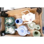 A mixed collection of items to include Wedgwood Jasperware blue teapot and water jug,