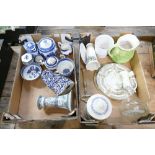 A collection of pottery including blue and white items, Royal Doulton cake stands, vases,