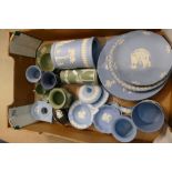 A collection of Wedgwood jasperware items to include commemorative plates, pin trays, ash trays,