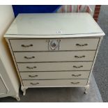 Jarman and Platt white French style chest of five drawers decorated with a ceramic plaque