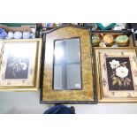 Oriental style wall mirror in faux bamboo frame together with 2 decorative framed prints(3)