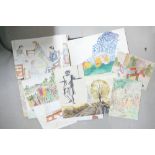 A mixed collection of multi media artwork, including maps, watercolours,