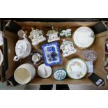 A mixed collection of ceramic items to include Coalport style cottages, enamelled boxes,