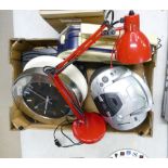 A mixed collection of items to include Bush radio, wall clocks,