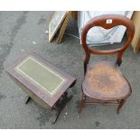 Mahogany Victorian balloon back chair and small drop leaf green leather topped table (2)