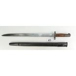 British Military World War I bayonet and scabbard with wooden grip, impressed marks to blade,