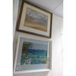 20th Century local artist Marjory Newlove, framed water colour, titled Organic Hills, France,