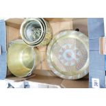 A mixed collection of items to include brass jam pan, decorative Arabic themed wall plates,