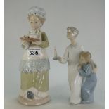 Nadal Porcelain figure of lady with tea tray and Lladro figure of two boys (arm re stuck and chip