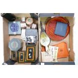 A mixed collection of items to include lacquer ware trays, teak bellows, various tins,