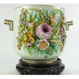 19th century quality pottery embossed floral two handled jardiniere, height 18.