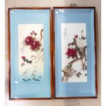 Pair Chinese signed wall panels decorated with birds and flowers using feathers,