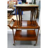 Reproduction oak two tier tea trolley with pull out green leather topped table and carved oak