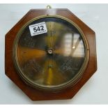 brass faced round mahogany wall barometer mounted on octagonal mahogany inlaid plaque