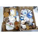 A collection of vintage pottery items including stoneware flasks, plates, tea ware, Delft items,