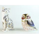 Royal Crown Derby paperweights Majestic Cat and Owl, both gold stoppers,