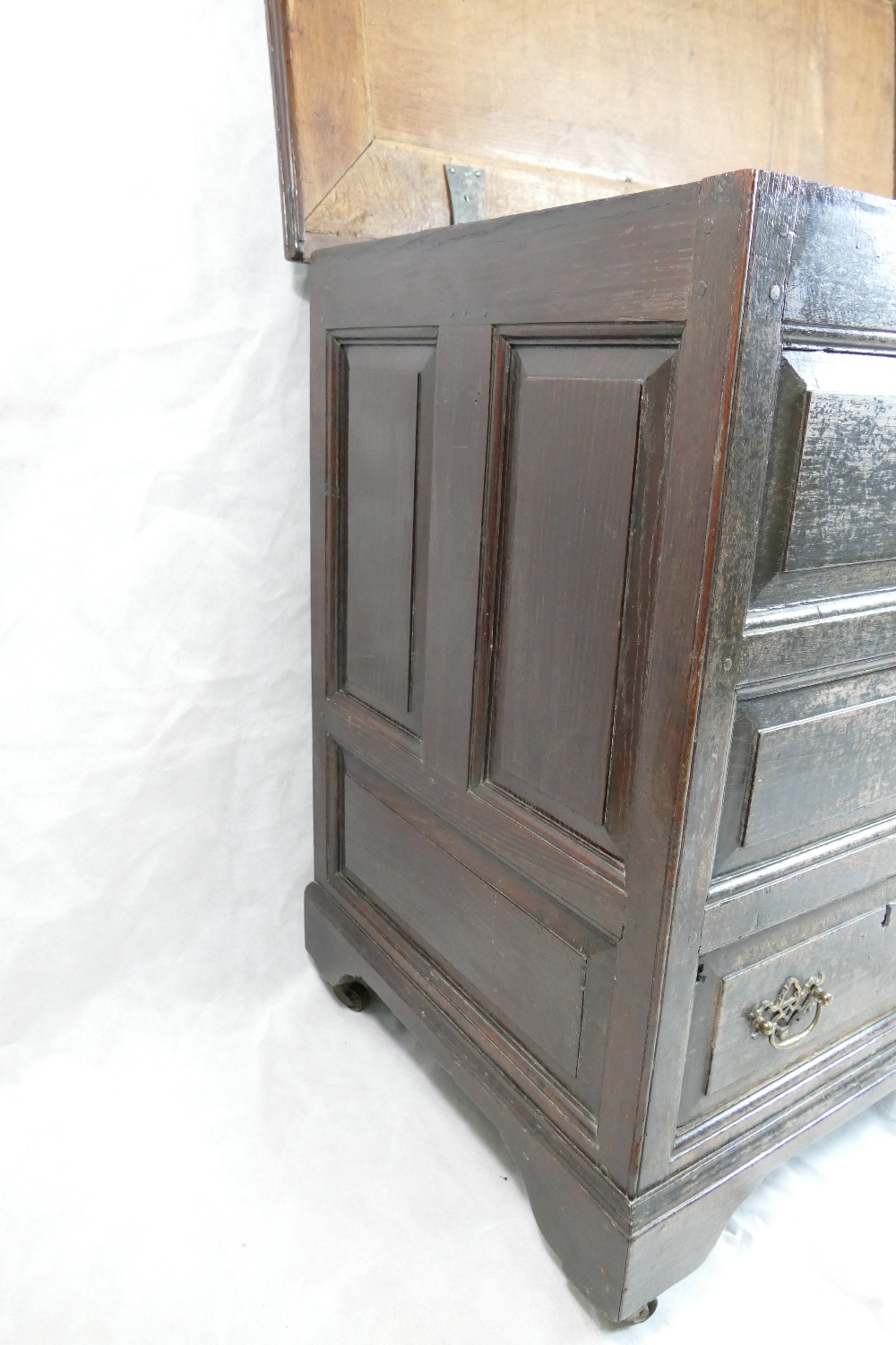 Early 19th century panelled oak two drawer coffer, w115 x d58 x h99cm. - Image 2 of 10