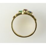 18ct gold ring set with ruby, emeralds and diamonds, size I, 4.3 grams.