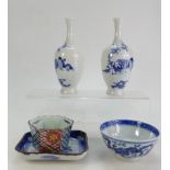 A collection of 19th/20th century Chinese items including a pair of blue & white vases,