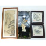 A Chinese print 38 x 15.5cm, 2 Vietnamese prints 14 x 14cm and a Japanese Lacquer plaque 40 x 18cm.