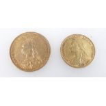 Full & half gold Sovereign coins - Queen Victoria - 1888 & 1894 (half) - Fine & gF condition.