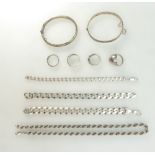 A collection of silver jewellery including necklaces, bracelets, bangles and rings,