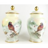 Pair Coalport vases & covers 'The Arcadian Vases' each hand painted with pairs of pheasants in a