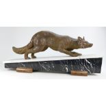 Art Deco bronze figure of a slinking fox on a marble base, length 60 x h27cm.