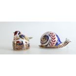 Royal Crown Derby paperweights Goldfinch and Snail,