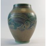 Royal Lancastrian vase decorated with fish by W S Mycock,