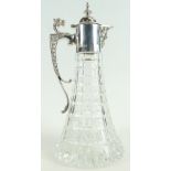 Silver and crystal glass claret jug, hallmarked for London 1990,