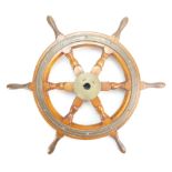 Simpson Lawrence wood and brass ships wheel,