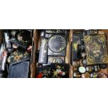 A large collection of vintage rustic painted black wood floral items comprising trinkets, plates,