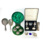 Group of hallmarked silver items including 2 cased, incomplete cruet sets,