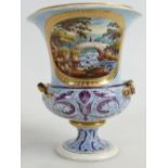 19th century Crown Derby two handled urn decorated with panel of river & bridge scene "In Italy",