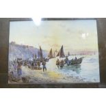 Charles Rousse, watercolour painting of fishermen unloading on beach, in oak frame, 39 x 27cm.