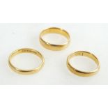 22ct gold wedding rings x 3, all fully hallmarked. Sizes N, P & P. Gross weight 17.4 grams.