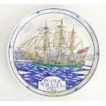 A Poole Pottery hand painted plaque, decorated with the 'Poole Whaler 1783', inscribed to reverse.
