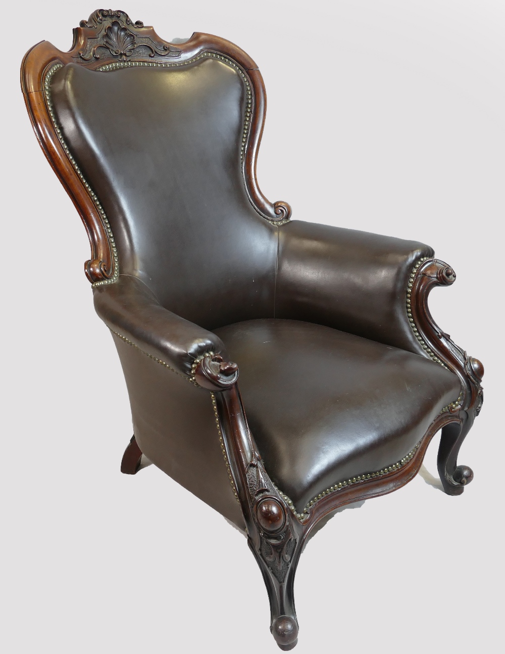 19th century french Louis XV style mahogany leather armchair