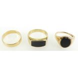 One 18ct gold wedding band / ring 3.3g plus two 9ct gold rings set with Onyx 8.4g gross weight inc.